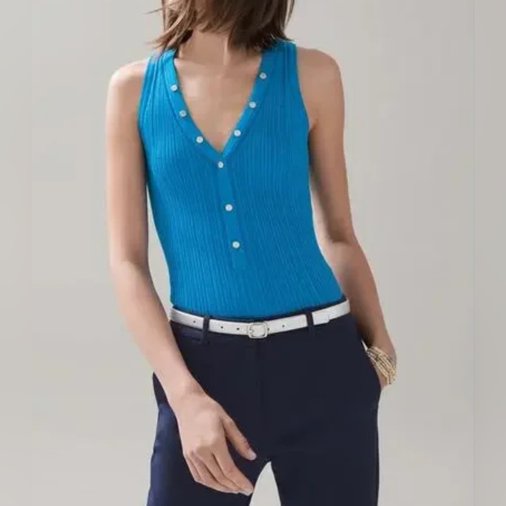 White House Black Market Blue Ribbed Button/Studded Tank Top